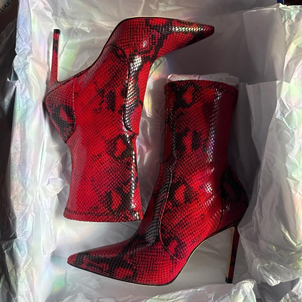 Stuart Weitzman Red Snake Print Stiletto Boots